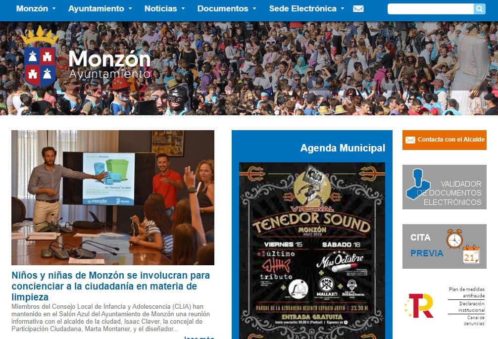 Página web del ayuntamiento de Monzón, Captura de la página de inicio